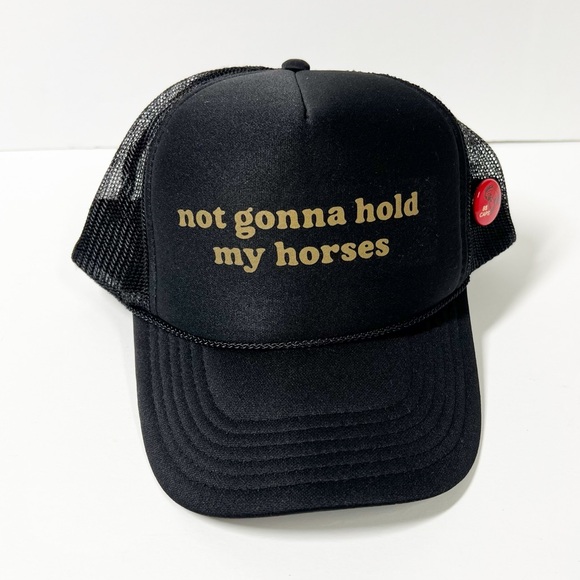 Not Gonna Hold My Horses Black Trucker Hat with Gold Text and Red Hat Pin - Picture 6 of 16
